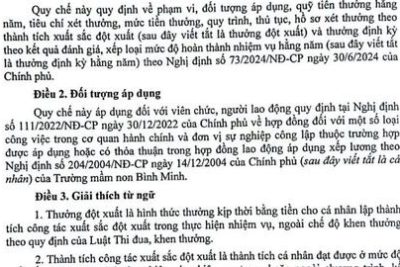 QUY CHẾ THỰC HIỆN CHẾ ĐỘ TIỀN THƯỞNG( Theo Nghị định số 73/2024/NĐ-CP) CỦA TRƯỜNG MẦM NON BÌNH MINH ( ban hành kèm theo QĐ số 28)