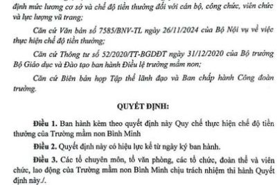 QĐ BAN HÀNH QUY CHẾ THỰC HIỆN CHẾ ĐỘ TIỀN THƯỞNG ( Theo NĐ SỐ 73/2024-NĐ-CP của trường MN Bình Minh)